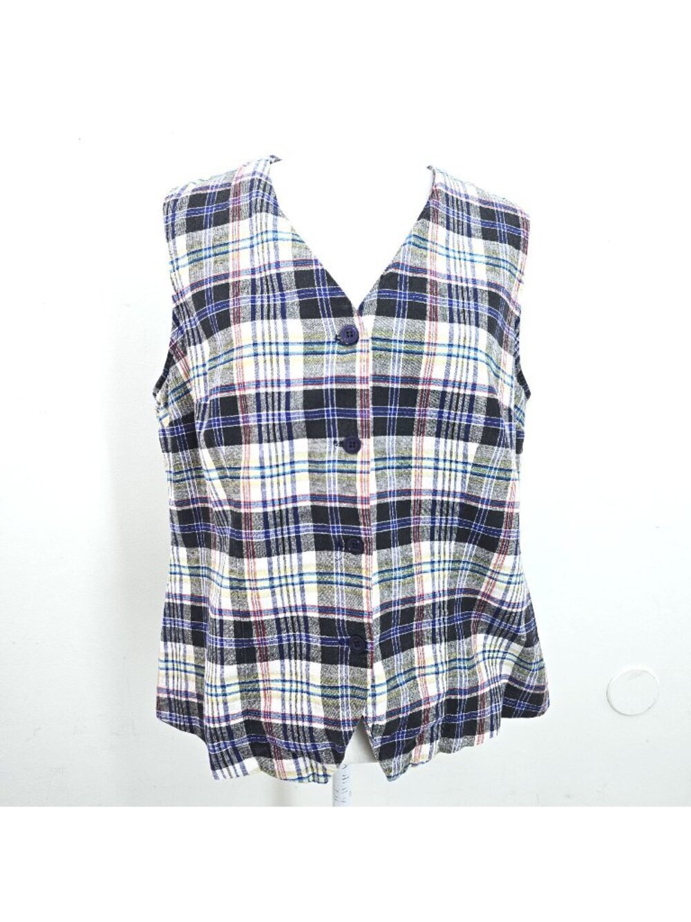 Vintage Versailles New York Navy White Plaid Linen Cotton Preppy Vest Women 14T